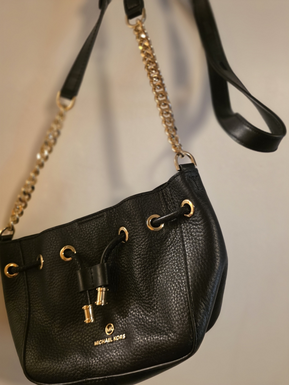 Michael Kors Black Pebbled Leather Drawstring Crossbody Bag
